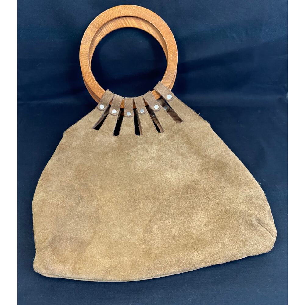 Brown 100% Suede Boho Purse with Round Wooden Handles and Rivet Details